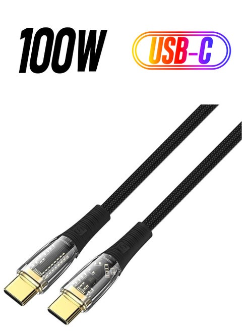 SWITCH C-B210TR كابل شفاف C إلى C 100 وات أسود لـ Xiaomi 10 Huawei Samsung 5A شاحن شحن سريع USBC كابل بيانات USB-C سلك سلك من النوع C (1M، C إلى C 100W، أسود)