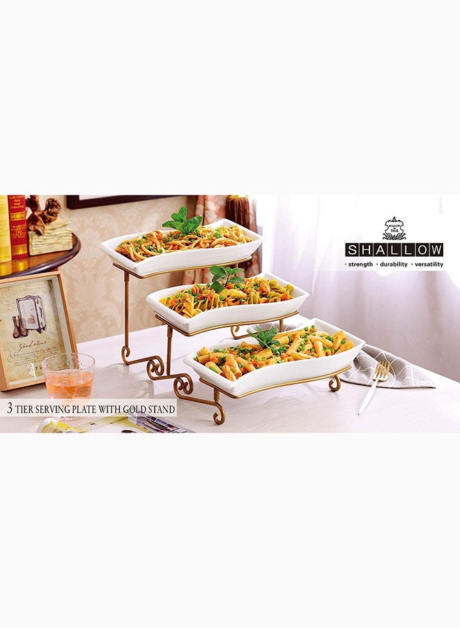 AKDC Shallow 3 Tier Serving Plate With Gold Rack White 3X30 Cm Dy1288G - Image 2