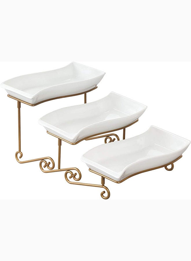 AKDC Shallow 3 Tier Serving Plate With Gold Rack White 3X30 Cm Dy1288G - Image 1