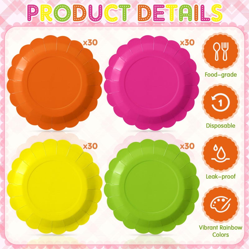 Tiangrid 120 Pcs Neon Paper Plates 9 Inch Neon Scalloped Disposable Round Dessert Colorful Paper Plates Party Decoration for Glow Margs and Matrimony Bachelorette Party (Neon) - Image 3