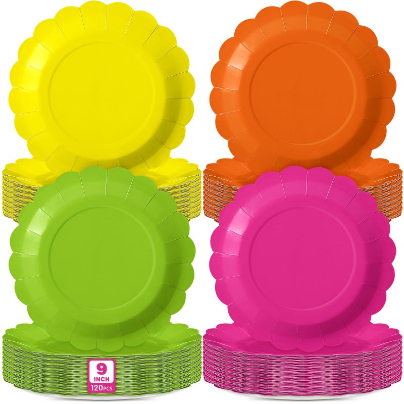 Tiangrid 120 Pcs Neon Paper Plates 9 Inch Neon Scalloped Disposable Round Dessert Colorful Paper Plates Party Decoration for Glow Margs and Matrimony Bachelorette Party (Neon) - Image 1