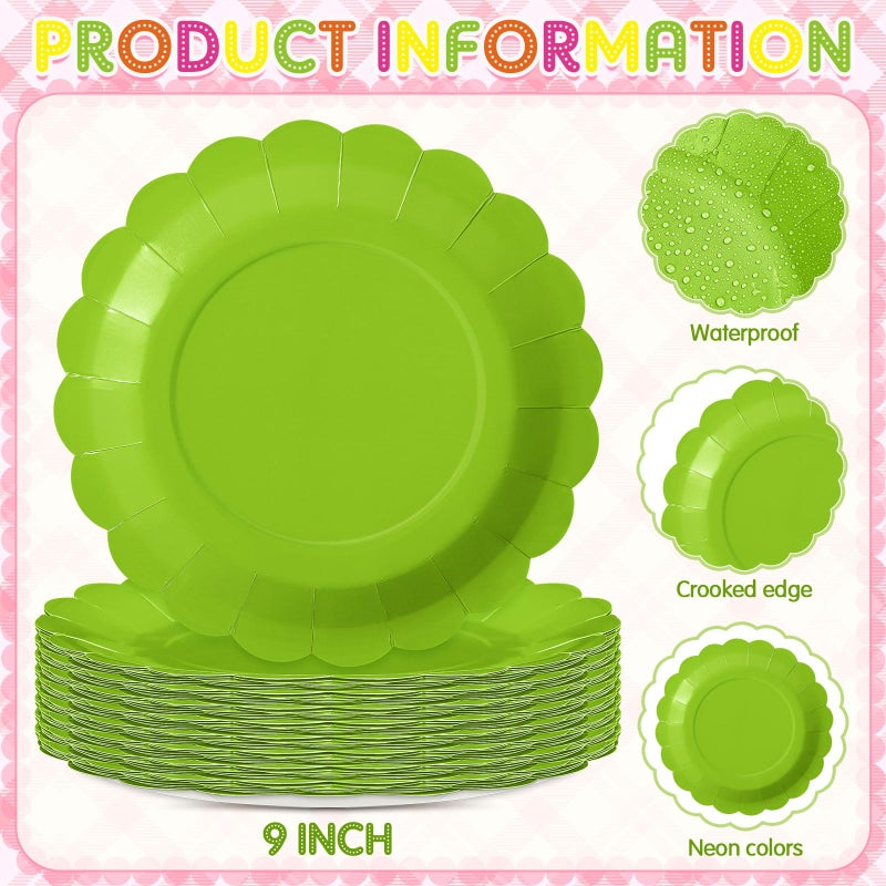 Tiangrid 120 Pcs Neon Paper Plates 9 Inch Neon Scalloped Disposable Round Dessert Colorful Paper Plates Party Decoration for Glow Margs and Matrimony Bachelorette Party (Neon) - Image 2