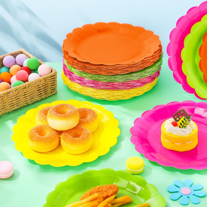 Tiangrid 120 Pcs Neon Paper Plates 9 Inch Neon Scalloped Disposable Round Dessert Colorful Paper Plates Party Decoration for Glow Margs and Matrimony Bachelorette Party (Neon) - Image 4