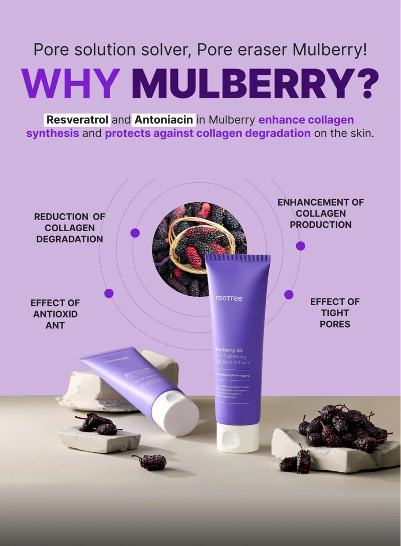 rootree Mulberry 5D Pore Tightening Clay Mask to Foam - Korean Skincare, Cleansing, Blackhead Removal, Vegan & Cruelty Free