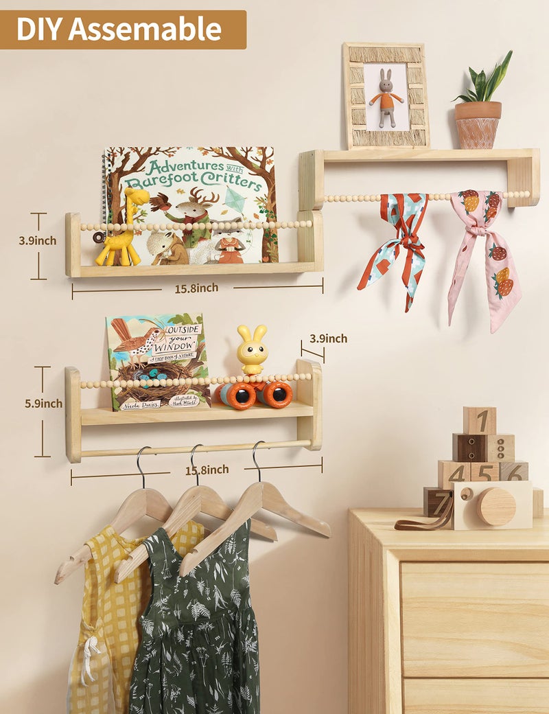 Maxpeuvon Nursery Floating Shelves for Wall, Set of 3 Book Shelves Natural Wood Wall Mounted Organizer with Towel Bar Hanging Bookshelves Nursery Decor for Kids Room, Bedroom and Kitchen - Image 3