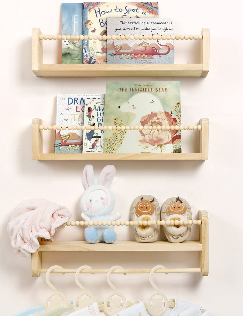 Maxpeuvon Nursery Floating Shelves for Wall, Set of 3 Book Shelves Natural Wood Wall Mounted Organizer with Towel Bar Hanging Bookshelves Nursery Decor for Kids Room, Bedroom and Kitchen - Image 1