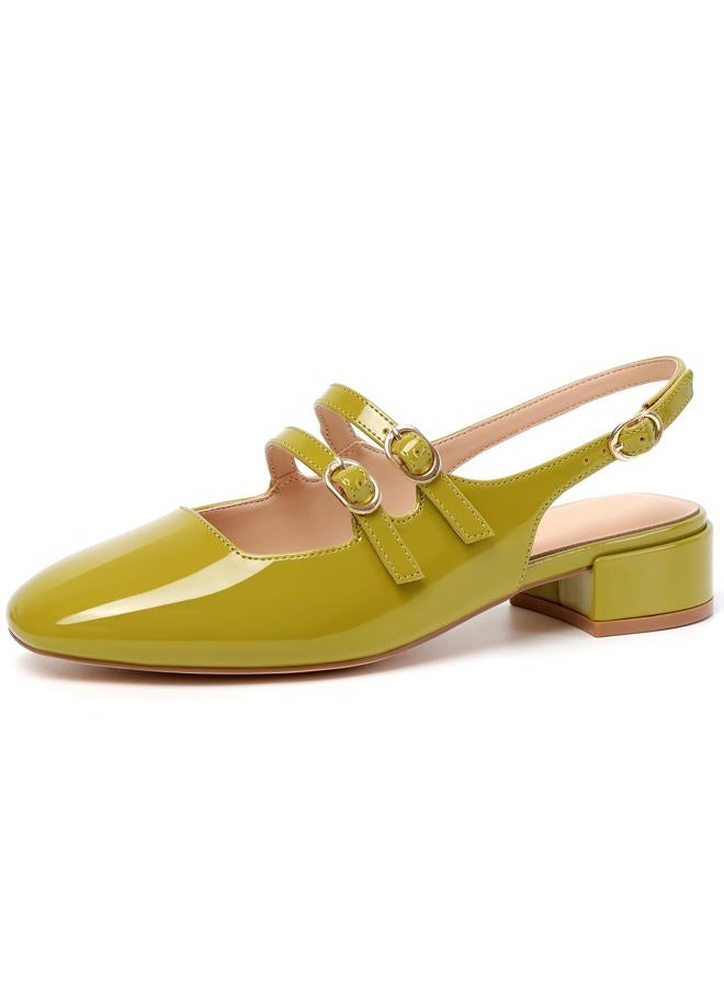 Mostrin Mary Jane Shoes Women Slingback Chunky Low Heels for Women Closed Rounded Toe Ankle Strap Pumps Daily Wedding Party Dress Shoes, Green, 7 - Image 1