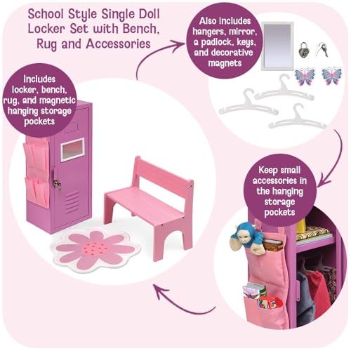 Badger Basket SchoolStyle Single Doll Locker Set with Bench Rug and Accessories Purple and Pink Design for 18Inch Dolls - Image 5