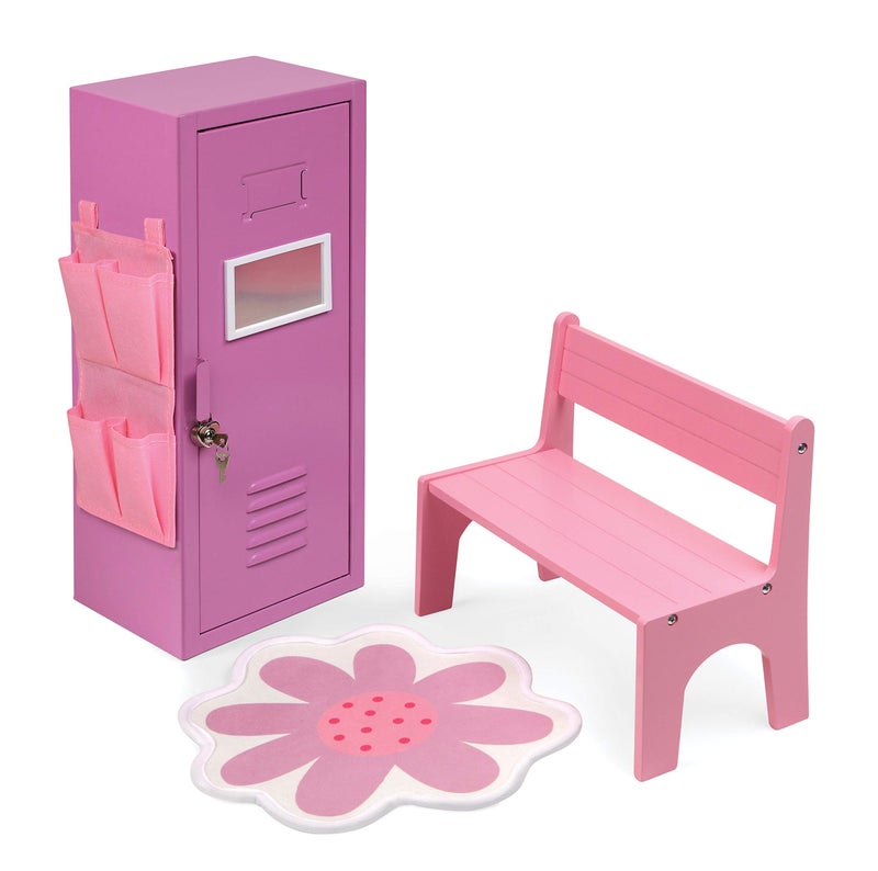 Badger Basket SchoolStyle Single Doll Locker Set with Bench Rug and Accessories Purple and Pink Design for 18Inch Dolls - Image 3