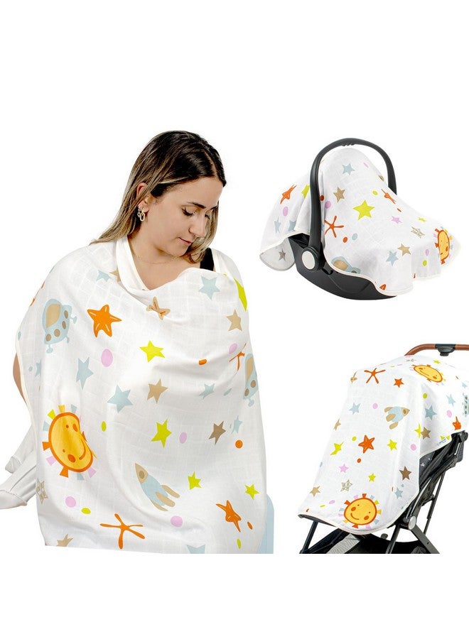 Sevi Bebe Multipurpose Muslin Cover 100% Cotton - Breathable Baby Essential, Breastfeeding, Nursing, Car Seat, Stroller Cover, Tummy Time Mat & Burp Cloth All in One (Space Pattern) (Pack of 1) - Image 1