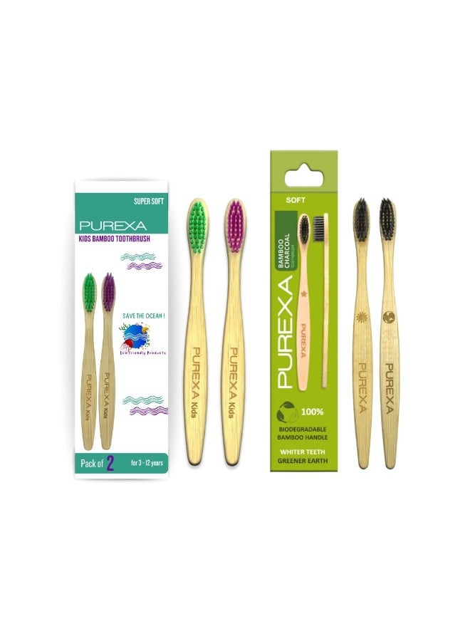 PUREXA Bamboo Charcoal Manual Toothbrush|Charcoal Infused|Soft Bristles|Antibacterial And Biodegradable|Eco-Friendly|Premium Organic Tooth Brush (2 Adults & 2 Kids) - Image 1