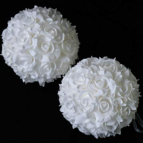 idyllic 8 Inches Artificial Flowers Roses, Kissing Flower Balls, DIY Wedding Bouquets Party Home Decorations, Set of 2, White - Image 2