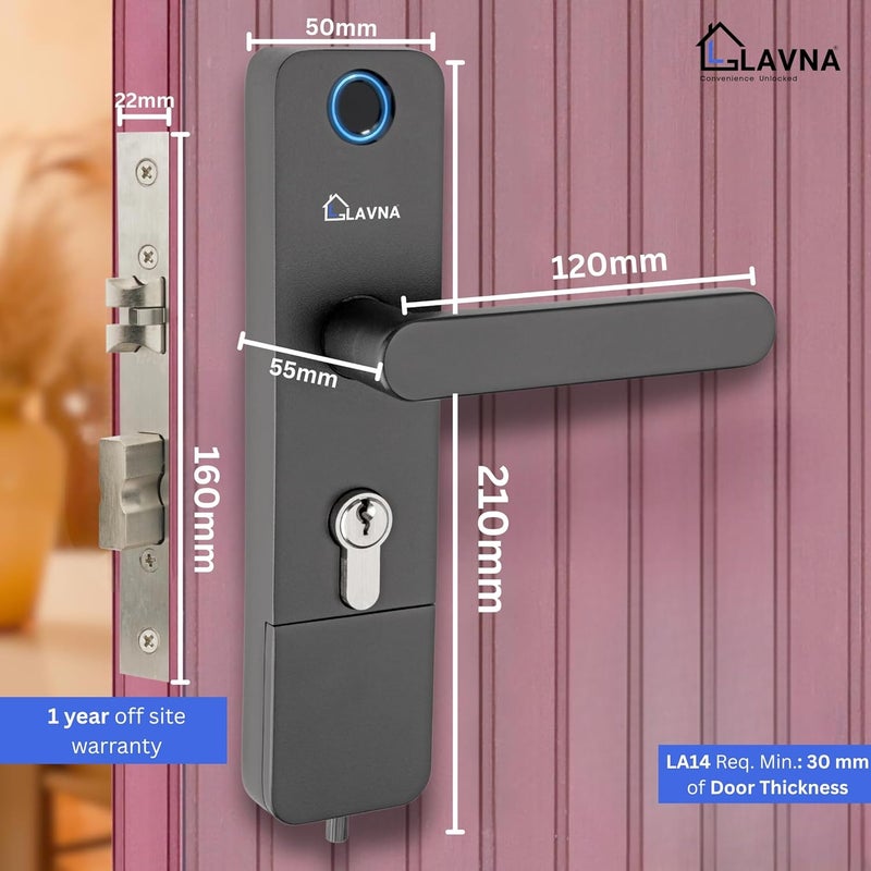 LAVNA قفل باب رقمي | 3 طرق للوصول | بصمة إصبع، تطبيق موبايل، مفتاح وصول | 2 قضيب قفل | مناسب للأبواب الخشبية بسمك من 30 مم إلى 45 مم مع تركيب من الجانبين الأيمن والأيسر (LA14، ذكي) - Image 4