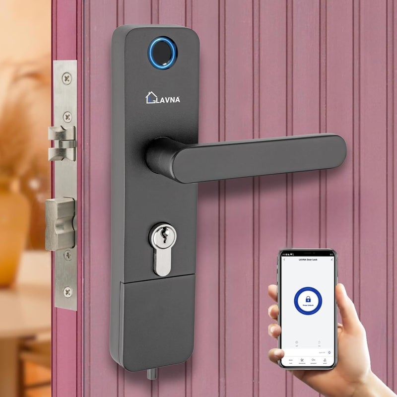 LAVNA قفل باب رقمي | 3 طرق للوصول | بصمة إصبع، تطبيق موبايل، مفتاح وصول | 2 قضيب قفل | مناسب للأبواب الخشبية بسمك من 30 مم إلى 45 مم مع تركيب من الجانبين الأيمن والأيسر (LA14، ذكي) - Image 1