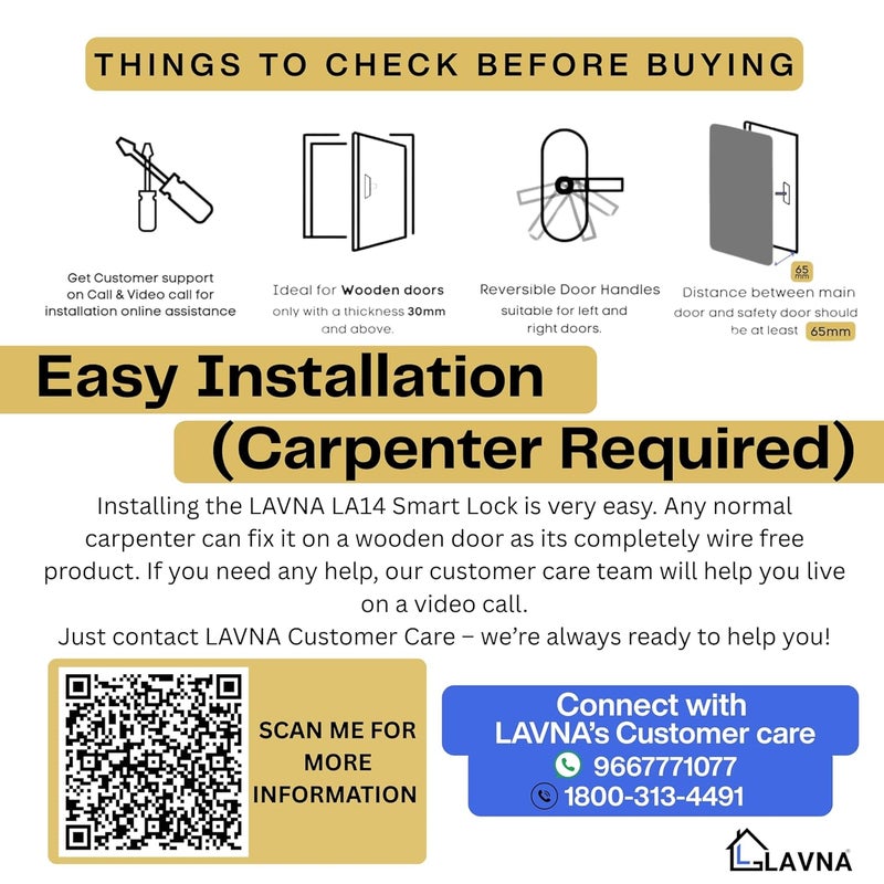 LAVNA قفل باب رقمي | 3 طرق للوصول | بصمة إصبع، تطبيق موبايل، مفتاح وصول | 2 قضيب قفل | مناسب للأبواب الخشبية بسمك من 30 مم إلى 45 مم مع تركيب من الجانبين الأيمن والأيسر (LA14، ذكي) - Image 5