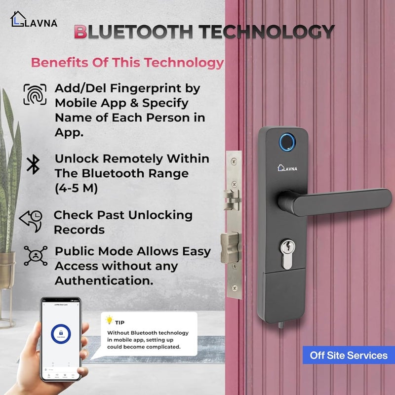 LAVNA قفل باب رقمي | 3 طرق للوصول | بصمة إصبع، تطبيق موبايل، مفتاح وصول | 2 قضيب قفل | مناسب للأبواب الخشبية بسمك من 30 مم إلى 45 مم مع تركيب من الجانبين الأيمن والأيسر (LA14، ذكي) - Image 3