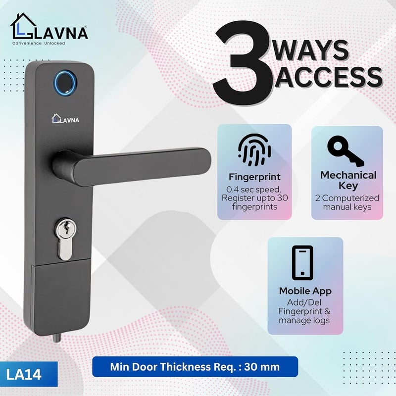 LAVNA قفل باب رقمي | 3 طرق للوصول | بصمة إصبع، تطبيق موبايل، مفتاح وصول | 2 قضيب قفل | مناسب للأبواب الخشبية بسمك من 30 مم إلى 45 مم مع تركيب من الجانبين الأيمن والأيسر (LA14، ذكي) - Image 2