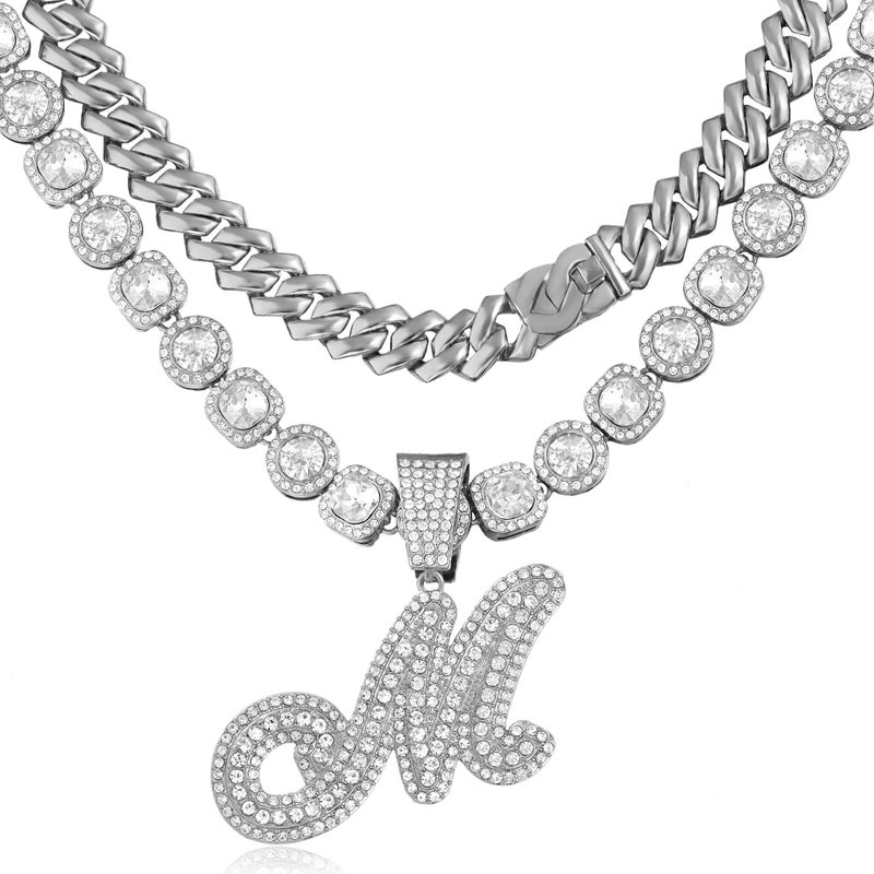 Lucopsny 2pcs Cuban Link Chain for Women Cursive Silver Initial Necklace Cuban Link Necklace for Women Hip Hop Iced Out Chain Necklace Bling Diamond 14mm Chain Letter Name Hip Hop Jewelry Gift (M, Silver) - Image 1