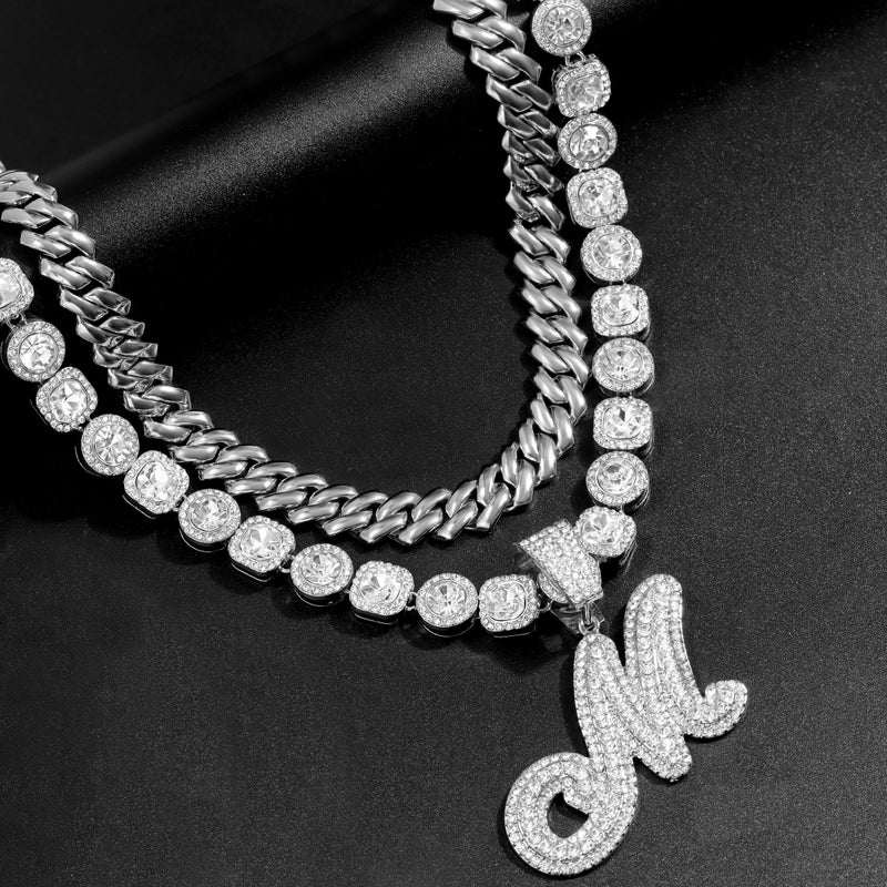 Lucopsny 2pcs Cuban Link Chain for Women Cursive Silver Initial Necklace Cuban Link Necklace for Women Hip Hop Iced Out Chain Necklace Bling Diamond 14mm Chain Letter Name Hip Hop Jewelry Gift (M, Silver) - Image 4