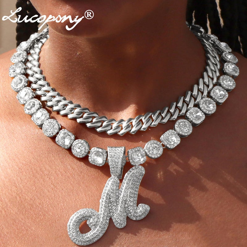 Lucopsny 2pcs Cuban Link Chain for Women Cursive Silver Initial Necklace Cuban Link Necklace for Women Hip Hop Iced Out Chain Necklace Bling Diamond 14mm Chain Letter Name Hip Hop Jewelry Gift (M, Silver) - Image 2