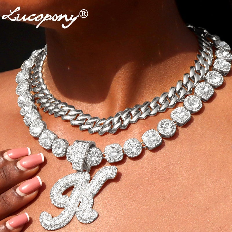 Lucopsny 2pcs Cuban Link Chain for Women Cursive Silver Initial Necklace Cuban Link Necklace for Women Hip Hop Iced Out Chain Necklace Bling Diamond 14mm Chain Letter Name Hip Hop Jewelry Gift (M, Silver) - Image 3
