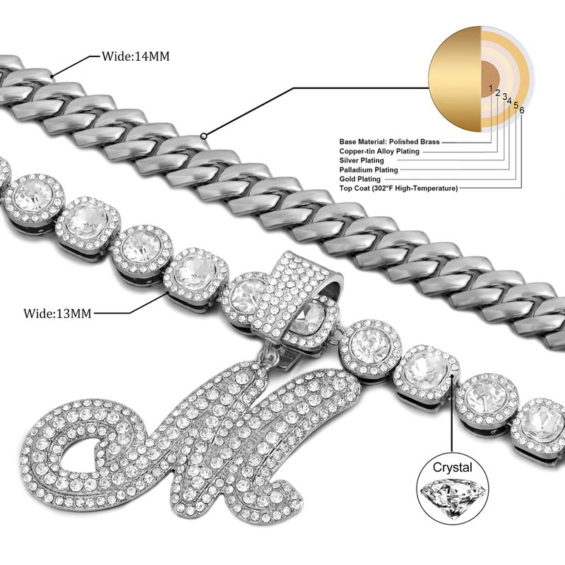 Lucopsny 2pcs Cuban Link Chain for Women Cursive Silver Initial Necklace Cuban Link Necklace for Women Hip Hop Iced Out Chain Necklace Bling Diamond 14mm Chain Letter Name Hip Hop Jewelry Gift (M, Silver) - Image 5