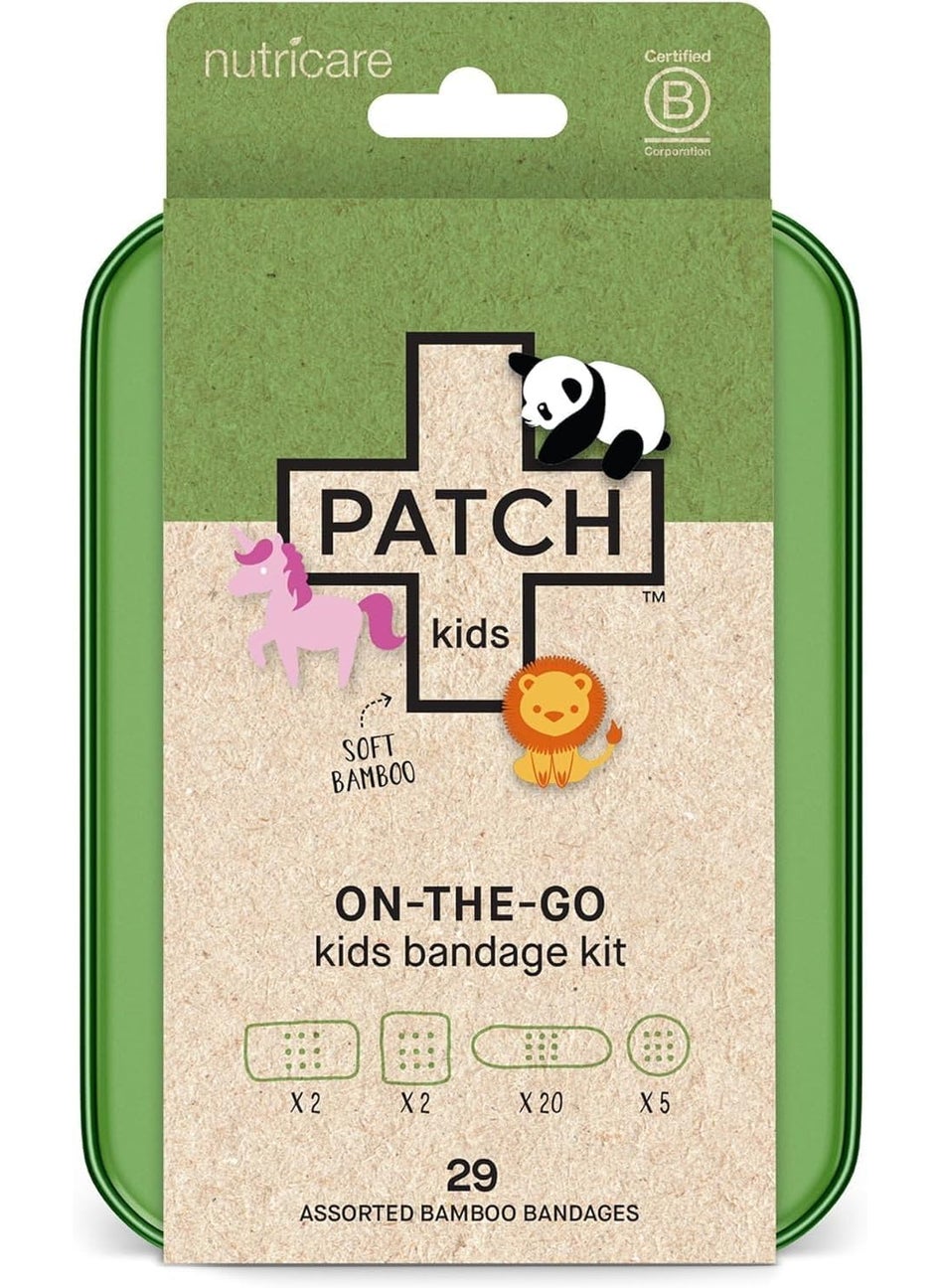 PATCH Patch Kids On-The-Go Natural Bamboo Adhesive Bandage Kit for Sensitive Skin, Eco-Friendly Hypoallergenic Bandages for Sensitive Skin. Non Toxic Bandages for Boys & Girls with Cute Prints, 29 ct Small 