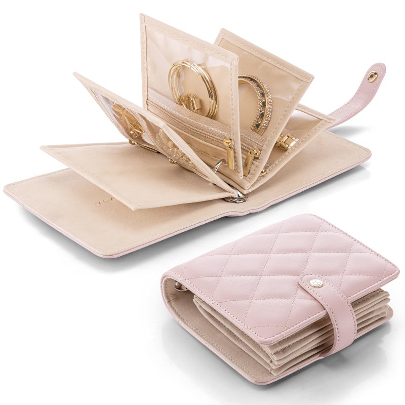 VLANDO Travel Jewelry Organizer CaseTravel Gifts for WomenPortable Jewelry Storage Book Ring Binder with Clear Zipper Velvet Jewelry Pouch BagPink - Image 2