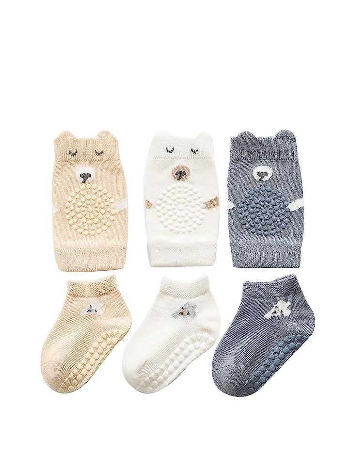 Altheqa Baby Crawling Baby Socks 3 Pair and Baby Knee Pads 3 Pair  Sets Boys Girls  - Image 2