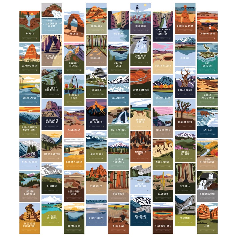 Pop Chart  National Parks Wall Collage Kit  63 Pcs 4 x 6 Art Prints  Track Your Travels to Every US National Park With America the Beautiful Wall Decor  100 Made in the USA