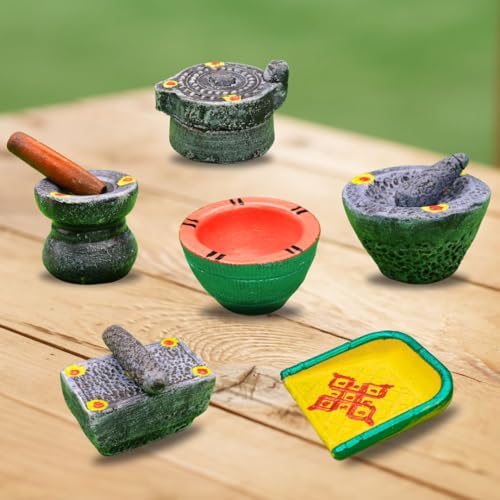 Nandavanam Stone Miniature Kitchen Set | Gouramma Set for Pooja | Grahapravesam Set for Pooja | Terracotta Kitchen Stone Sets for Kids (Set of 6) - Image 1