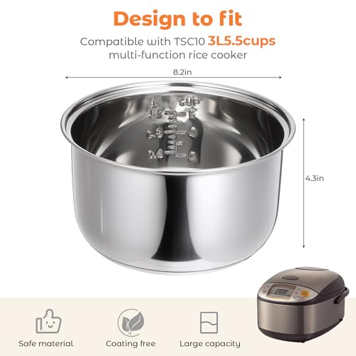 Baderke 304 Stainless Steel Inner Pot Compatible with Zojirushi NS-TSC10 and Tiger JBV-A10U Rice Multi-cooker (5.5 Cups) 3L Inner Bowl Replacement Pot Rice Cooker Stainless Steel - Image 2