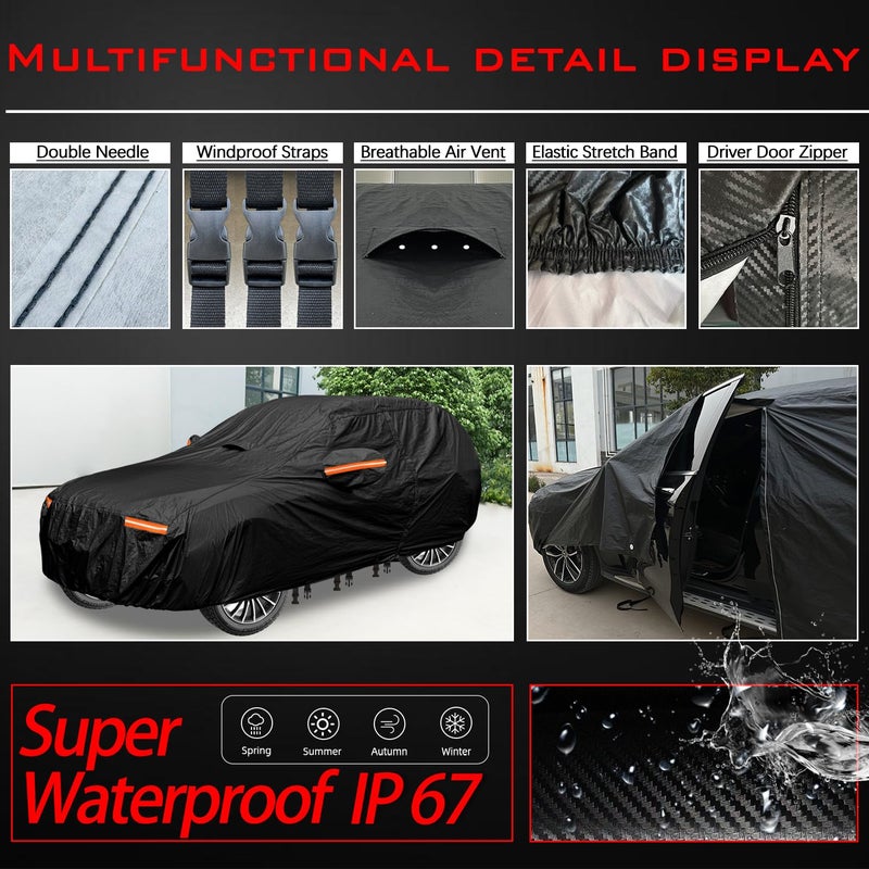 OWEEIO 30 Layers SUV Car Cover for Automobiles All Weather Waterproof, Outdoor Snowproof UV Protection Windproof, Door Zipper, Soft Cotton, Heavy Duty Universal Car Covers, (Black, Fit SUV 191"-200") - Image 5