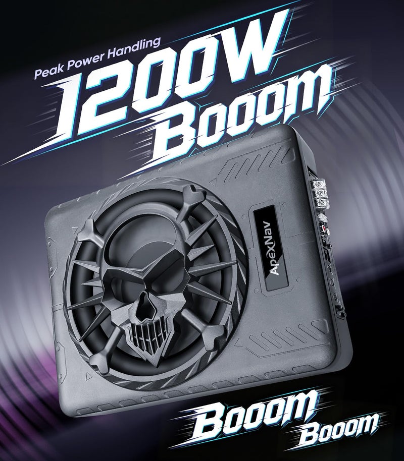 ApexNav 10" 1200W Slim Under Seat Powered Car Subwoofer, Car/Truck Audio subwoofer and amp Package,Pure Bass sub with LED Ambient Light (Subwoofer+Installation Wire Kit) - Image 2