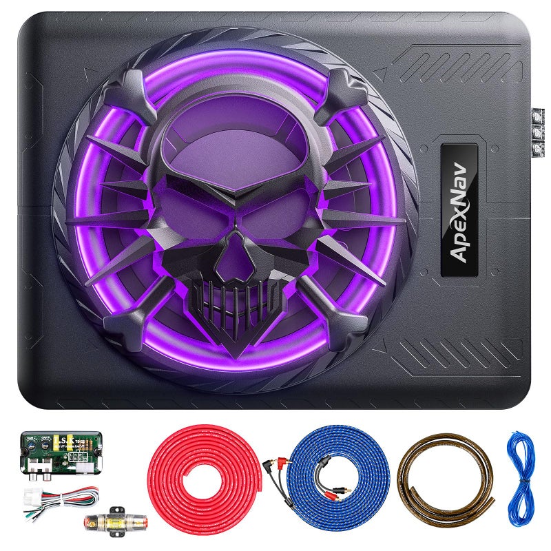 ApexNav 10" 1200W Slim Under Seat Powered Car Subwoofer, Car/Truck Audio subwoofer and amp Package,Pure Bass sub with LED Ambient Light (Subwoofer+Installation Wire Kit) - Image 1