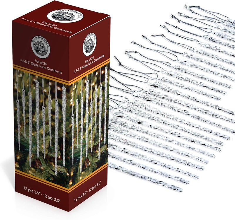 NorthPoleXpress Twisted Clear Glass Icicle Christmas Ornaments for Christmas Trees - Set of 24 Icicles Christmas Tree Decorations - Christmas Tree Ornaments Crystal - Image 1