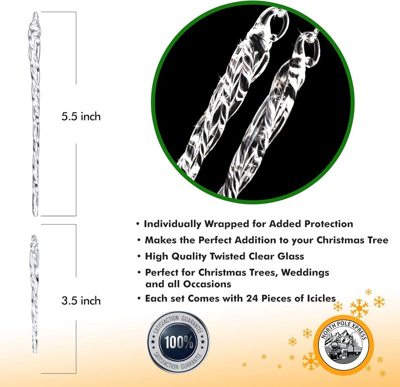 NorthPoleXpress Twisted Clear Glass Icicle Christmas Ornaments for Christmas Trees - Set of 24 Icicles Christmas Tree Decorations - Christmas Tree Ornaments Crystal - Image 3