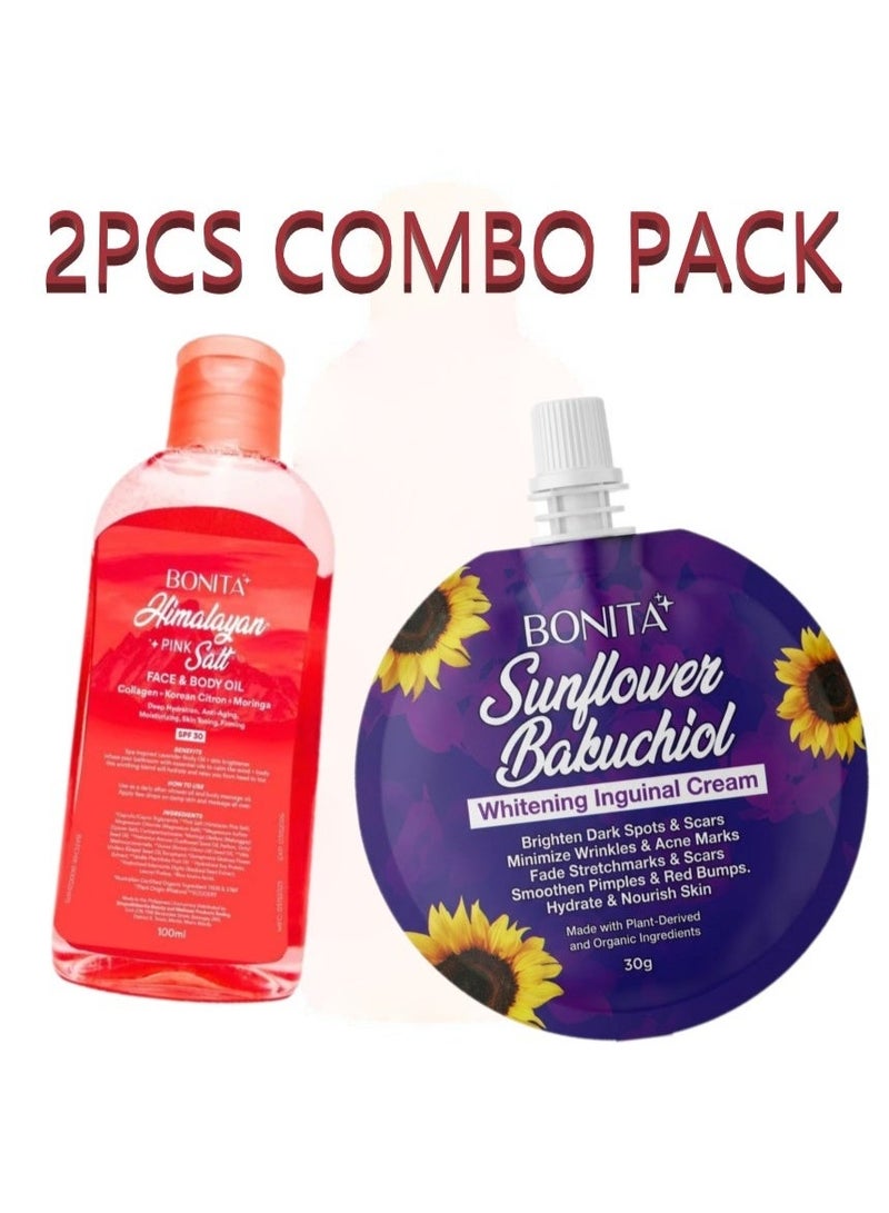 Bonita مجموعة العناية بالبشرة 2 في 1 – زيت الوجه والجسم بملح الورد SPF30 مع كريم باكوشيول لتفتيح المناطق الداكنة - Image 1