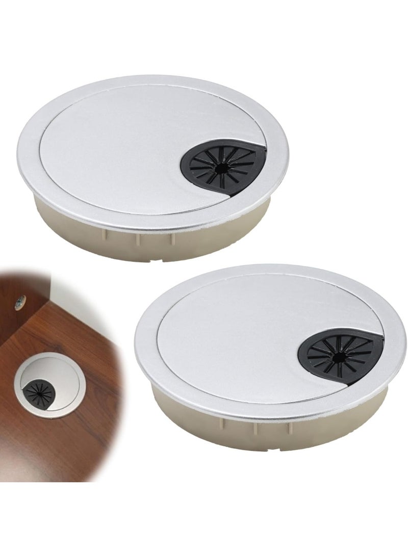 SUNSAR 2 Pack 60mm Desktop Grommet Kit, Plastic Desktop Hole Cover, Detachable Desktop Surface Port Hole Cover, Computer Desktop Grommet Cable Management Cord Organizer, Home Office Round Table Cable Hole Cover, Brushed Silver - Image 1