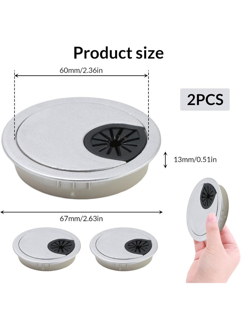 SUNSAR 2 Pack 60mm Desktop Grommet Kit, Plastic Desktop Hole Cover, Detachable Desktop Surface Port Hole Cover, Computer Desktop Grommet Cable Management Cord Organizer, Home Office Round Table Cable Hole Cover, Brushed Silver - Image 2