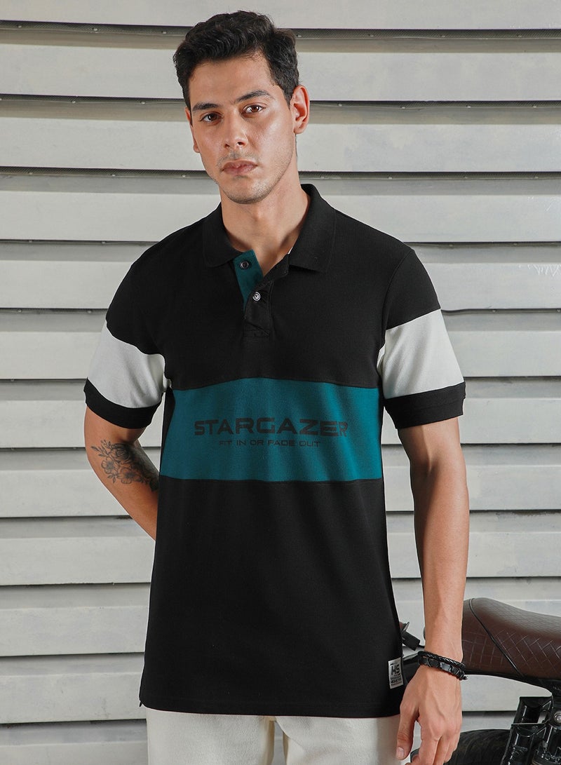 HIGH STAR Colorblocked Polo T-Shirt for Men - Black Cotton  - Image 3
