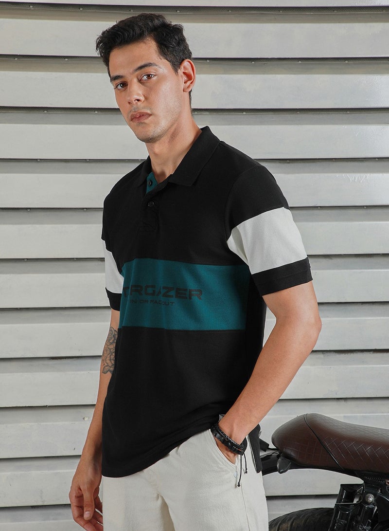 HIGH STAR Colorblocked Polo T-Shirt for Men - Black Cotton  - Image 1