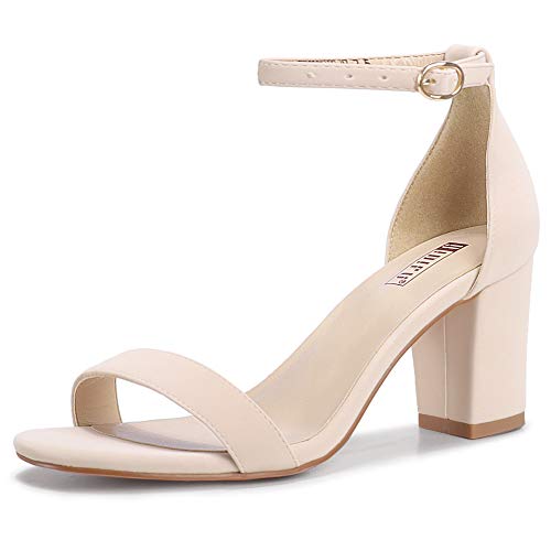 IDIFU Nude Heels for Women Cookie-MI Block Heels 3 Inch Sandals Chunky Open Toe Heel Wedding Homecoming Dress Shoes for Women Brides Ladies (Nude Nubuck, 8 B(M) US) - Image 1