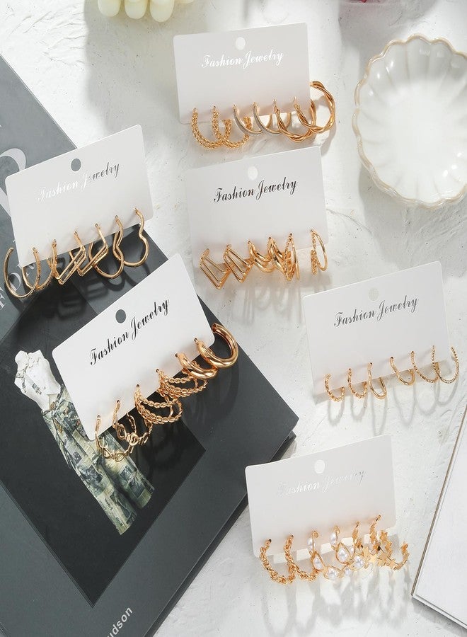 KOSMOS-LI 24 Pairs Golden Hoop Earrings Set for Women, Fashion Chunky Multipack Twisted Statement Hypoallergenic Small Big Hoops for Birthday Party (gold-JJE20K) - Image 4