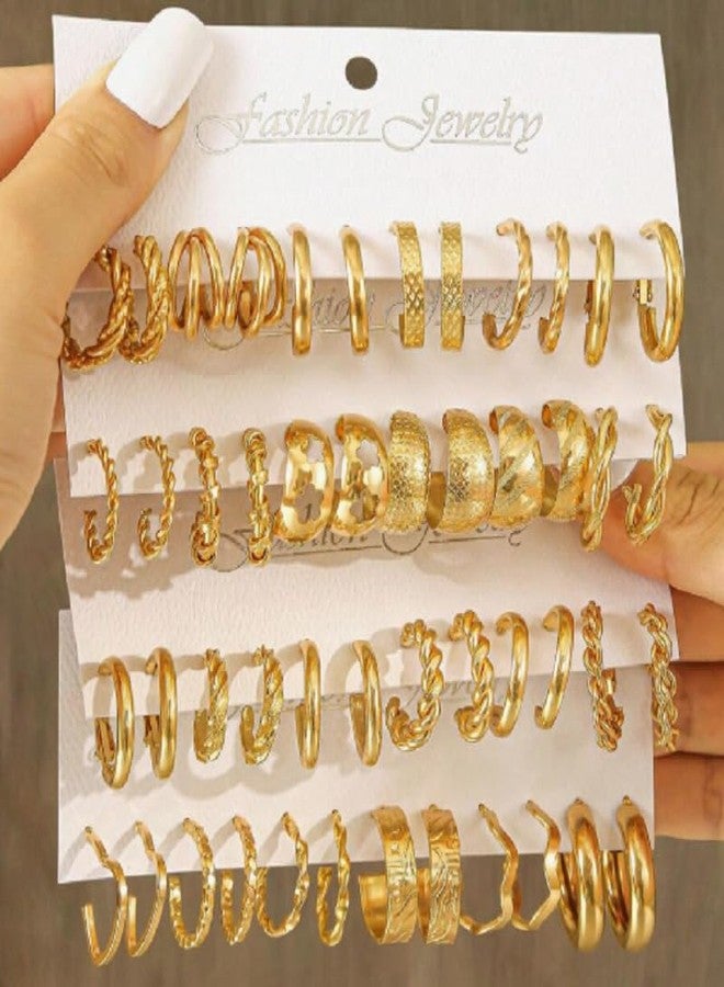 KOSMOS-LI 24 Pairs Golden Hoop Earrings Set for Women, Fashion Chunky Multipack Twisted Statement Hypoallergenic Small Big Hoops for Birthday Party (gold-JJE20K) - Image 3