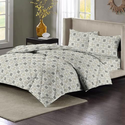 VAS COLLECTIONS Super Soft Glace Cotton King Size AC Comforter Wedding Gift Set (with Bag) for Double Bed with 1 Flat Bedsheet and 2 Pillow Cover (4PC Comforter Set) Grey and Off White - Image 1