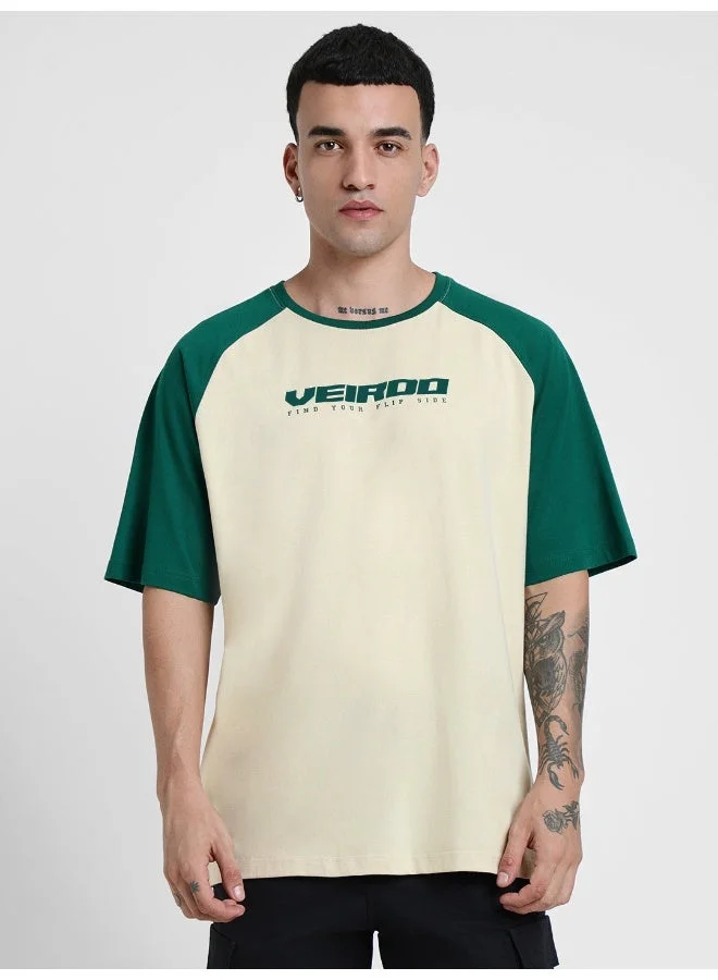فيردو Veirdo® 100% Pure Cotton Round Neck Cool Front Chest Typographic Logo Printed Raglan Sleeve T-Shirt for Men