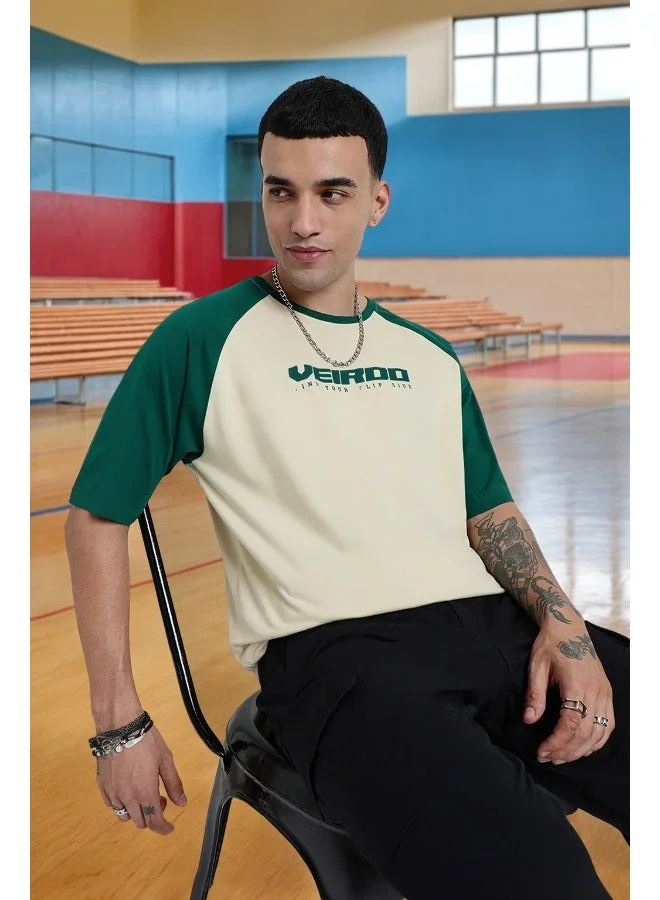 فيردو Veirdo® 100% Pure Cotton Round Neck Cool Front Chest Typographic Logo Printed Raglan Sleeve T-Shirt for Men