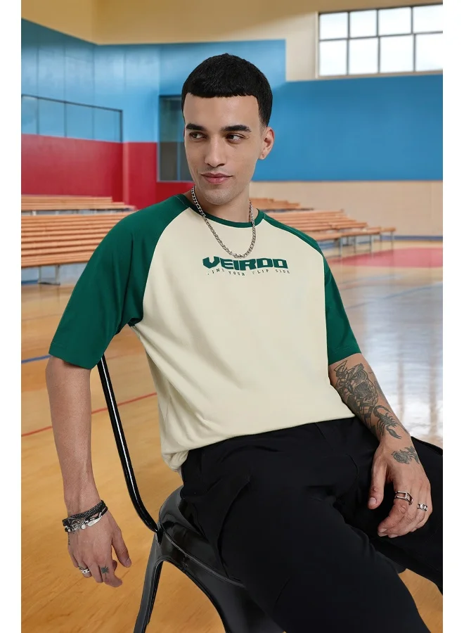 Veirdo Veirdo® 100% Pure Cotton Round Neck Cool Front Chest Typographic Logo Printed Raglan Sleeve T-Shirt for Men