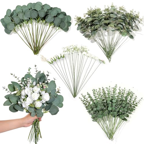 YXZZWL 110 Pcs 7 Kinds Mixed Artificial Eucalyptus Stems and Faux Flowers,Fake Silver Dollar Eucalyptus Leaves Stems Bulk Real Touch Leaf Branches for DIY Bouquets Floral Arrangement Wedding Home Decor - Image 1